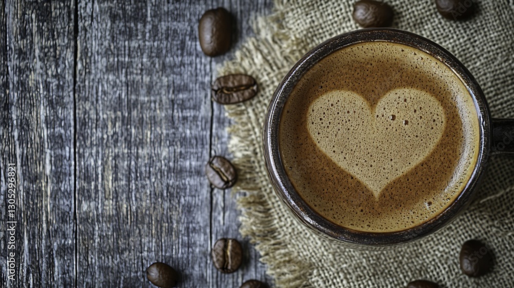 Coffee Cup with Heart Latte Art on Rustic Wooden Table – Cozy Café Vibes Coffee Cup with Heart Latte Art on Rustic Wooden Table – Cozy Café Vibes