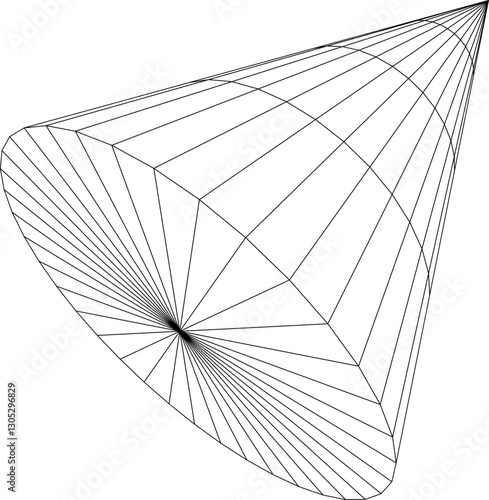 Wireframe 3D rendering of a conical shape showcasing geometric precision and mathematical structure. Ideal for scientific architectural and computational design applications