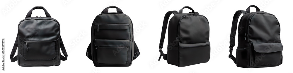 Collection of black backpack mockups isolated on transparent background Collection of black backpack mockups isolated on transparent background