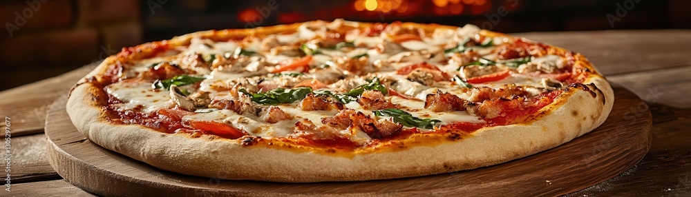 Delicious Freshly Baked Pizza with Toppings on Wooden Serving Board Delicious Freshly Baked Pizza with Toppings on Wooden Serving Board