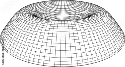 Wireframe representation of a toroidal surface with smooth curvature and grid lines. Ideal for mathematical modeling engineering simulations, futuristic design and abstract 3D visualization