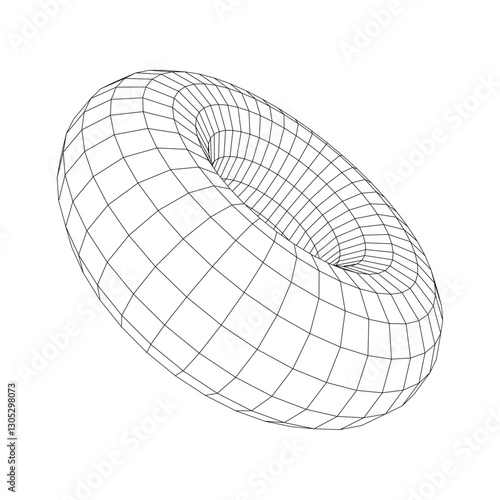 Wireframe 3D model of a torus shape with a detailed grid pattern, showcasing symmetry and precision. Ideal for technical illustrations, animations, and digital art projects