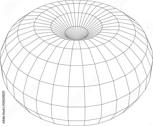 Wireframe 3D model of a torus shape with a detailed grid pattern, showcasing symmetry and precision. Ideal for technical illustrations, animations, and digital art projects