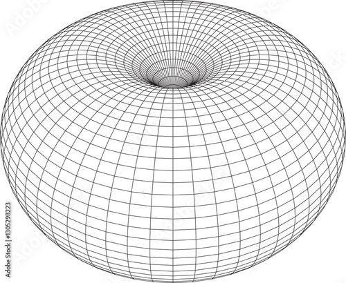 Wireframe 3D model of a torus shape with a detailed grid pattern, showcasing symmetry and precision. Ideal for technical illustrations, animations, and digital art projects