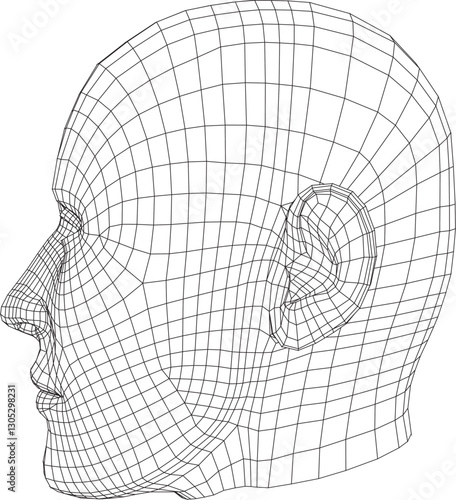 Wireframe 3D model of a human head in side profile view, displaying intricate mesh details. Ideal for digital art, animation, and technical illustrations
