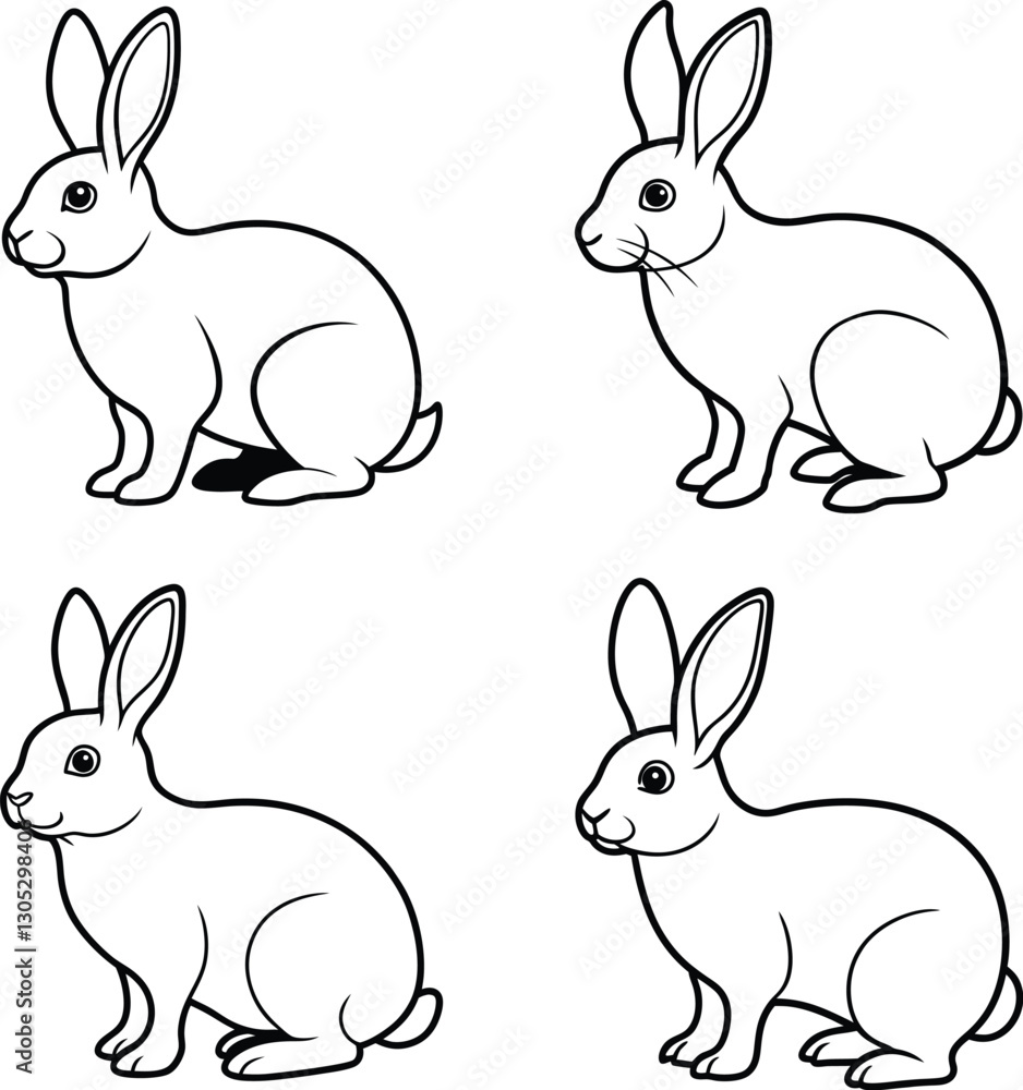 Fototapeta premium Rabbit Outline Illustration Set Cute Bunny Line Art Collection