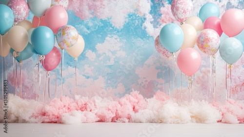Pastel Balloons Dreamland: A whimsical backdrop of pastel balloons floating over fluffy clouds against a dreamy sky.