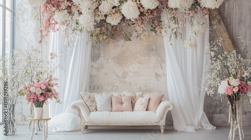 Romantic Floral Studio Setup: Elegant Sofa, Lush Blooms, and Sheer Curtains