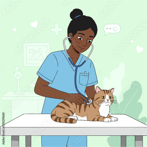 Veterinarian Examining Cat with Stethoscope During Checkup Appointment Cartoon