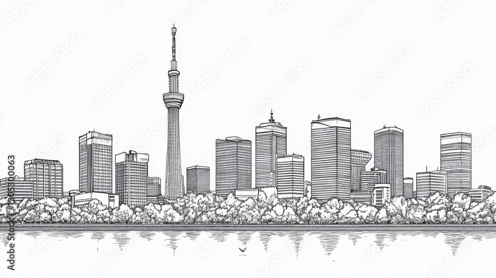Fototapeta premium Toronto Skyline Sketch: Urban Waterfront View.