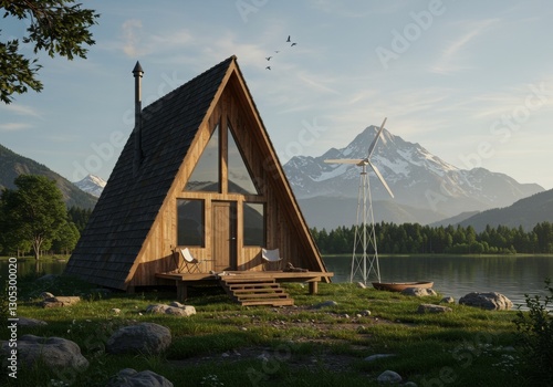 A lakeside A-frame cabin with salvaged wood and a wind turbine.

