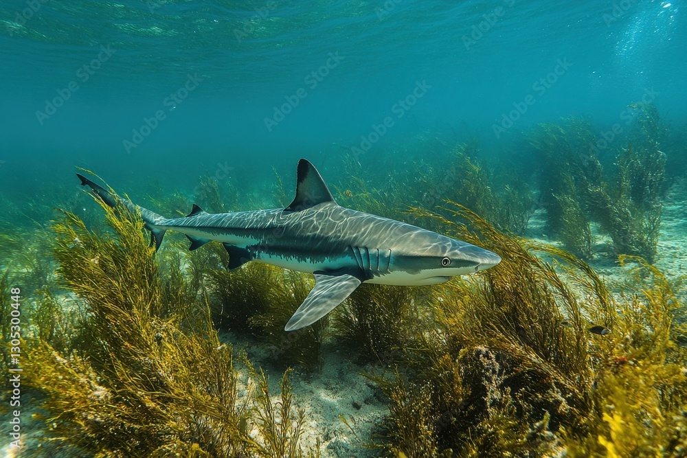 Fototapeta premium Majestic shark gliding through kelp forest in clear blue waters of ocean during daylight hours