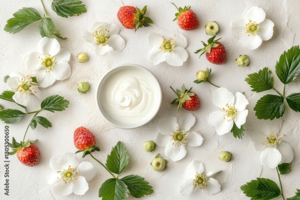 Fresh strawberries and flowers arranged around a bowl of creamy yogurt on a light background during springtime Fresh strawberries and flowers arranged around a bowl of creamy yogurt on a light background during springtime