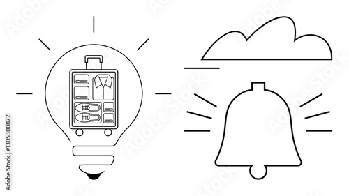 Lightbulb containing neatly packed suitcase, ringing bell, and cloud outline. Ideal for travel, innovation, organization, planning, notifications technology and connectivity. Flat simple metaphor