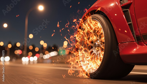 A burning car wheel rushes along the highway at night, scattering flames and sparks. A dynamic scene full of speed and adrenaline.