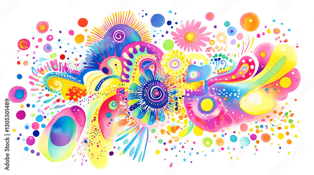 A vibrant and colorful abstract illustration filled with spirals, bubbles, and floral patterns. This energetic design bursts with creativity, perfect for various artistic projects. A vibrant and colorful abstract illustration filled with spirals, bubbles, and floral patterns. This energetic design bursts with creativity, perfect for various artistic projects.