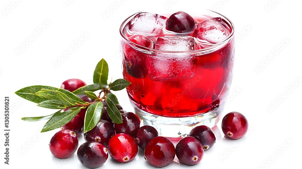 A glass of red drink with ice cubes and a bunch of cranberries on the table A glass of red drink with ice cubes and a bunch of cranberries on the table