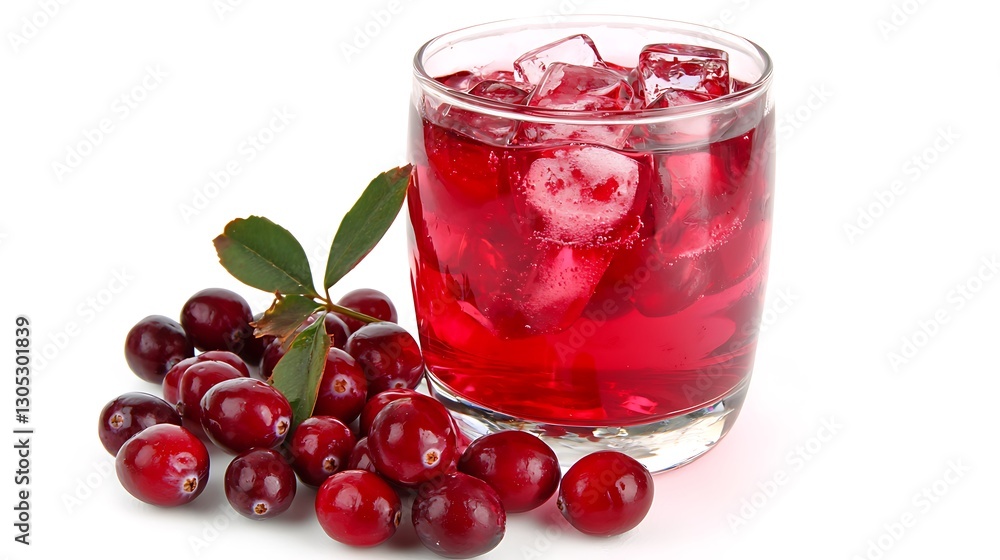 A glass of red drink with ice cubes and a bunch of cranberries on the table A glass of red drink with ice cubes and a bunch of cranberries on the table