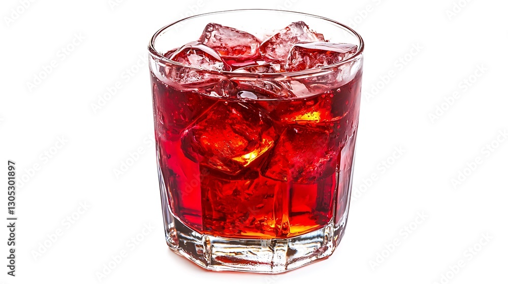 A glass of red drink with ice cubes in it A glass of red drink with ice cubes in it