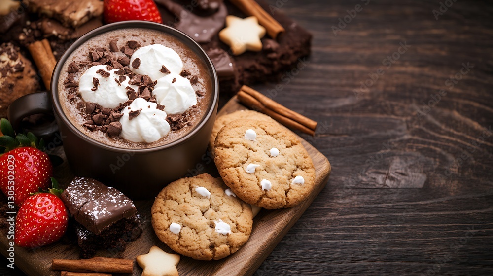 Cocoa in mug with whipped topping and cookies, strawberries on wood; holiday treats backdrop for recipes Cocoa in mug with whipped topping and cookies, strawberries on wood; holiday treats backdrop for recipes