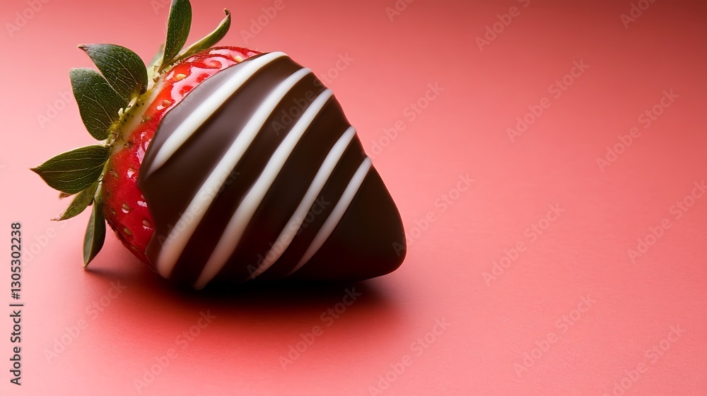 Fototapeta premium Covered strawberry on smooth red surface. Dessert concept, food background. May be used for romance