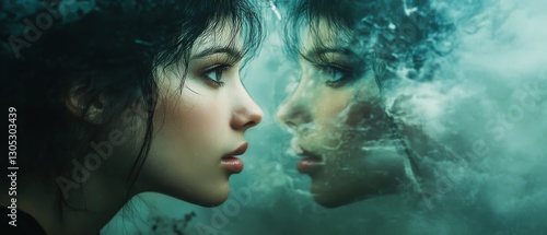 A woman's profile emerges within turbulent ocean waves, merging ethereal beauty with nature's power.