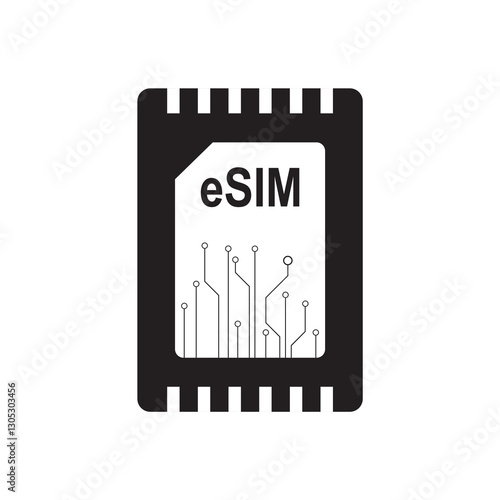 eSIM technology. Embedded sim icon isolated on white background. New mobile communication technology. 5g or 6g SIM-cards for mobile devices with chip. Monochrome design