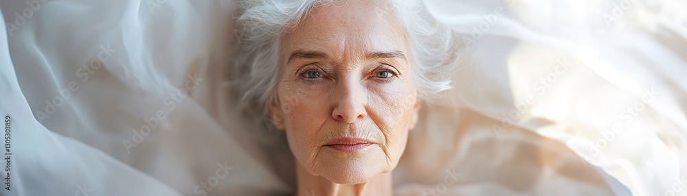 Delicate golden brushstrokes enhance the serene expression of an elderly woman, surrounded by a soft-focus neutral background, evoking a timeless elegance and tranquility Delicate golden brushstrokes enhance the serene expression of an elderly woman, surrounded by a soft-focus neutral background, evoking a timeless elegance and tranquility