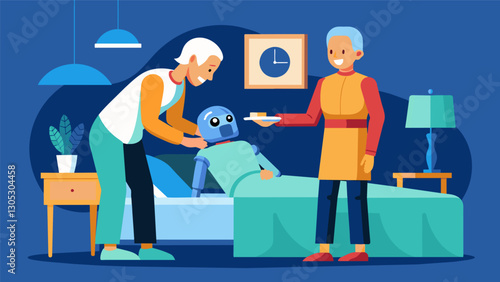 In a nursing home room a care robot helps an elderly man get dressed and ready for bed tucking him in and playing relaxing music until he falls asleep.. Vector illustration
