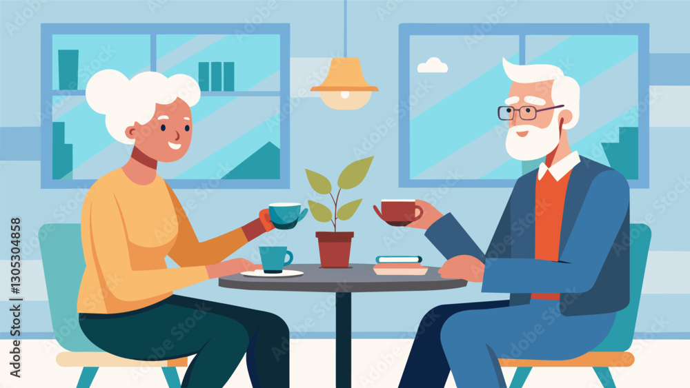 Two Baby Boomer consultants sit across from each other at a coffee shop swapping stories and discussing the latest business trends drawing on their extensive knowledge and. Vector illustration Two Baby Boomer consultants sit across from each other at a coffee shop swapping stories and discussing the latest business trends drawing on their extensive knowledge and. Vector illustration