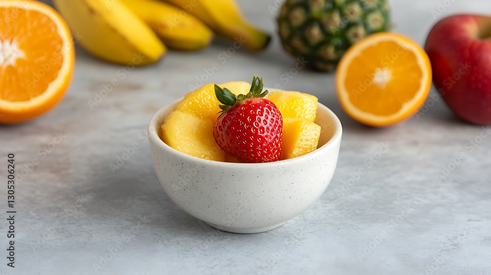 Fruit salad with blurred fruit background for healthy diet concepts, or a recipe card Fruit salad with blurred fruit background for healthy diet concepts, or a recipe card