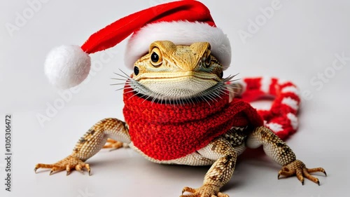 Bearded dragon dressed in Christmas hat and scarf during holiday season