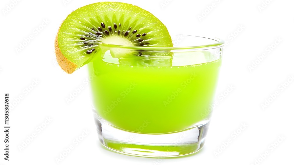 A glass of green liquid with a slice of kiwi on top A glass of green liquid with a slice of kiwi on top