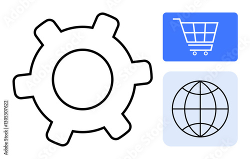 Gear for settings, shopping cart, and globe evoke themes of technology, online shopping, globalization, and automation. Ideal for commerce, technology, system management retail web services global
