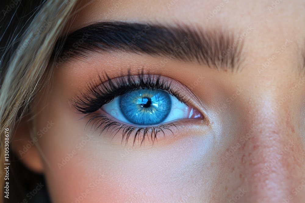 Obraz premium Striking close-up of a woman's blue eye featuring long eyelashes and defined brows in natural light
