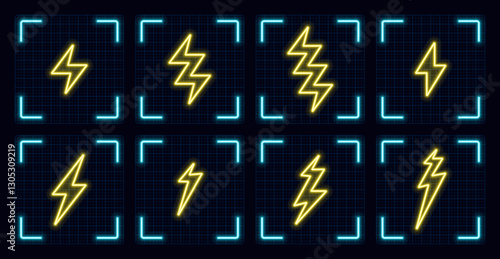 Thunder symbol illustration set, cyber neon visual, glowing border grid vector.