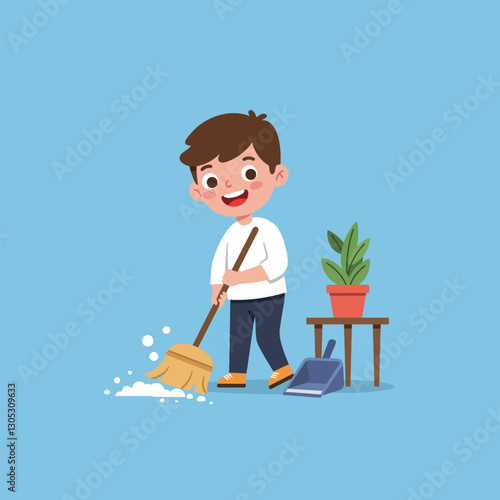 Boy Sweeping Floor with Broom While Smiling at Home in Cartoon