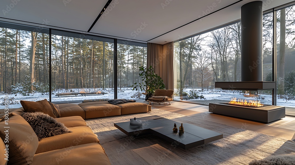 Fototapeta premium Modern living room with fireplace overlooking snowy forest at daytime