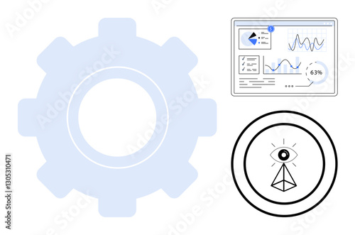 Gear, dashboard with charts and analytics, geometric eye symbolizing insight. Ideal for technology, innovation, data analysis, automation, machine learning creativity abstract thinking. Flat simple