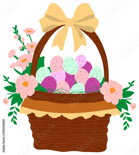 Illustration of Easter Basket with Colorful Eggs and Flowers sticke