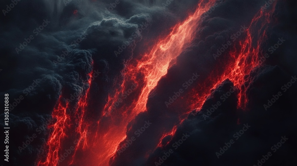 Fototapeta premium Dramatic burning red hot lava flowing through dark clouds creating stunning contrast. Ai generative