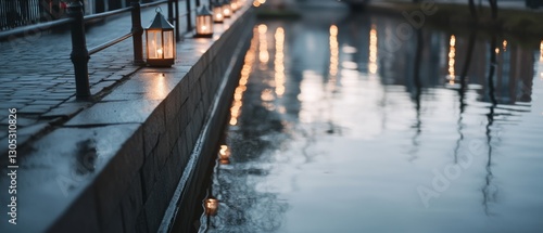 Wallpaper Mural Lanterns softly illuminate a waterside path, creating a serene and reflective evening ambiance. Torontodigital.ca