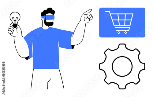 Man wearing virtual reality headset holding light bulb while pointing at a shopping cart icon and gear. Ideal for innovation, e-commerce, technology, ideas, VR, creative solutions, futurism. Flat