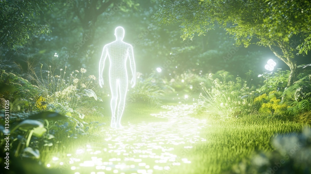 Ethereal figure walking in a glowing forest. Ethereal figure walking in a glowing forest.