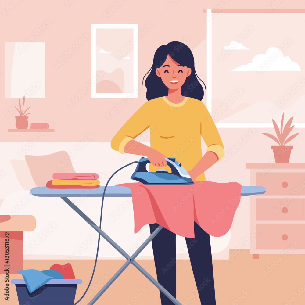 Woman Ironing Clothes at Home in a Bright and Clean Room Woman Ironing Clothes at Home in a Bright and Clean Room