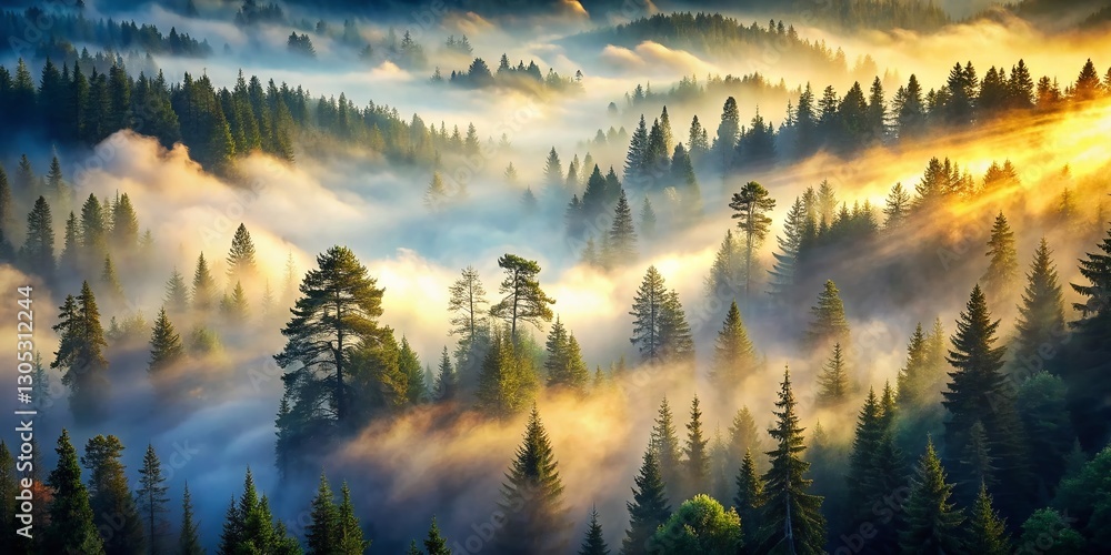 Ethereal Fog Enveloping Ancient Spruce Forest - Surreal Nature Stock Photo Ethereal Fog Enveloping Ancient Spruce Forest - Surreal Nature Stock Photo