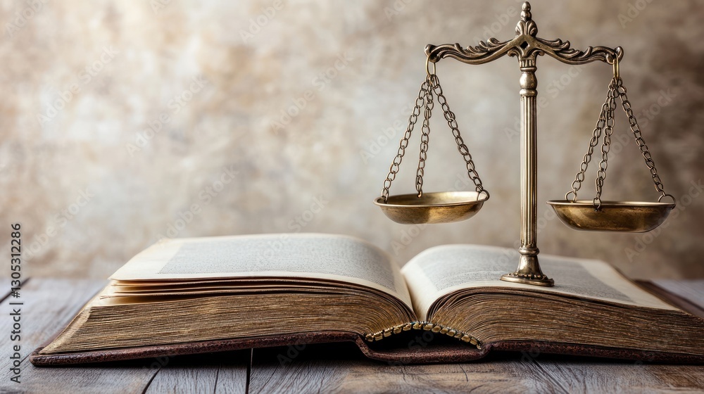 Antique Law Book Open With Scales of Justice Antique Law Book Open With Scales of Justice
