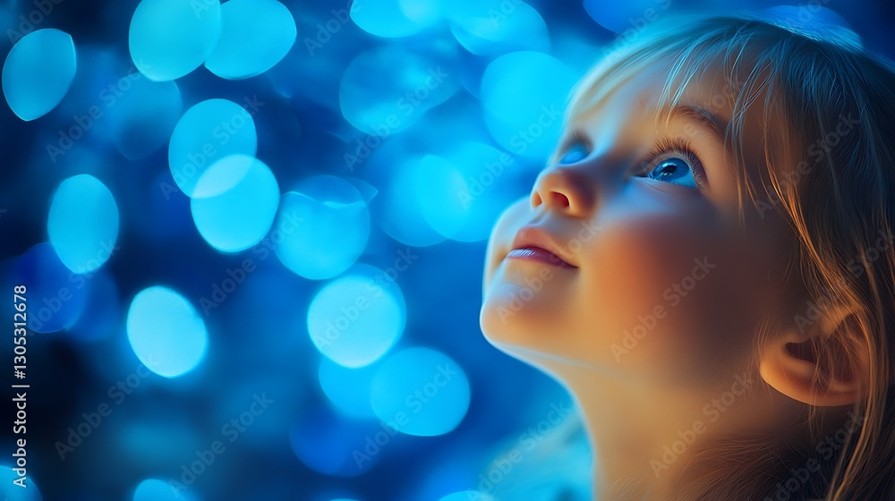 Girl looks up to the lights at night Girl looks up to the lights at night