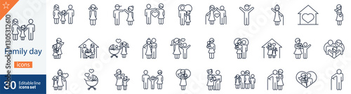 Family Day Line Icons Set. Collection of 30 outline icons representing family bonding, parenting, relationships, love, care, and celebrations. Editable stroke . vector illustration.