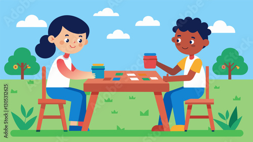Two students sit at a picnic table with one teaching the other how to use different strategies to multiply and divide numbers.. Vector illustration